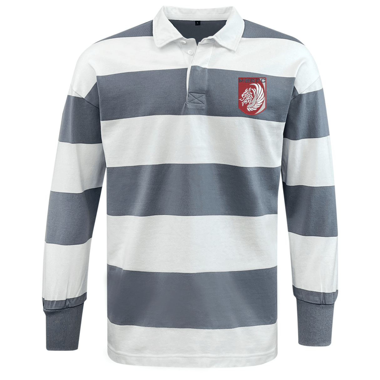 The EMB Mudoo Montgomery Bucks Griffins Classic Long Sleeve Hooped Rugby Jersey features wide gray and white stripes, plus a bold red patch with a white tiger on the left chest for a vintage rugby-inspired style.
