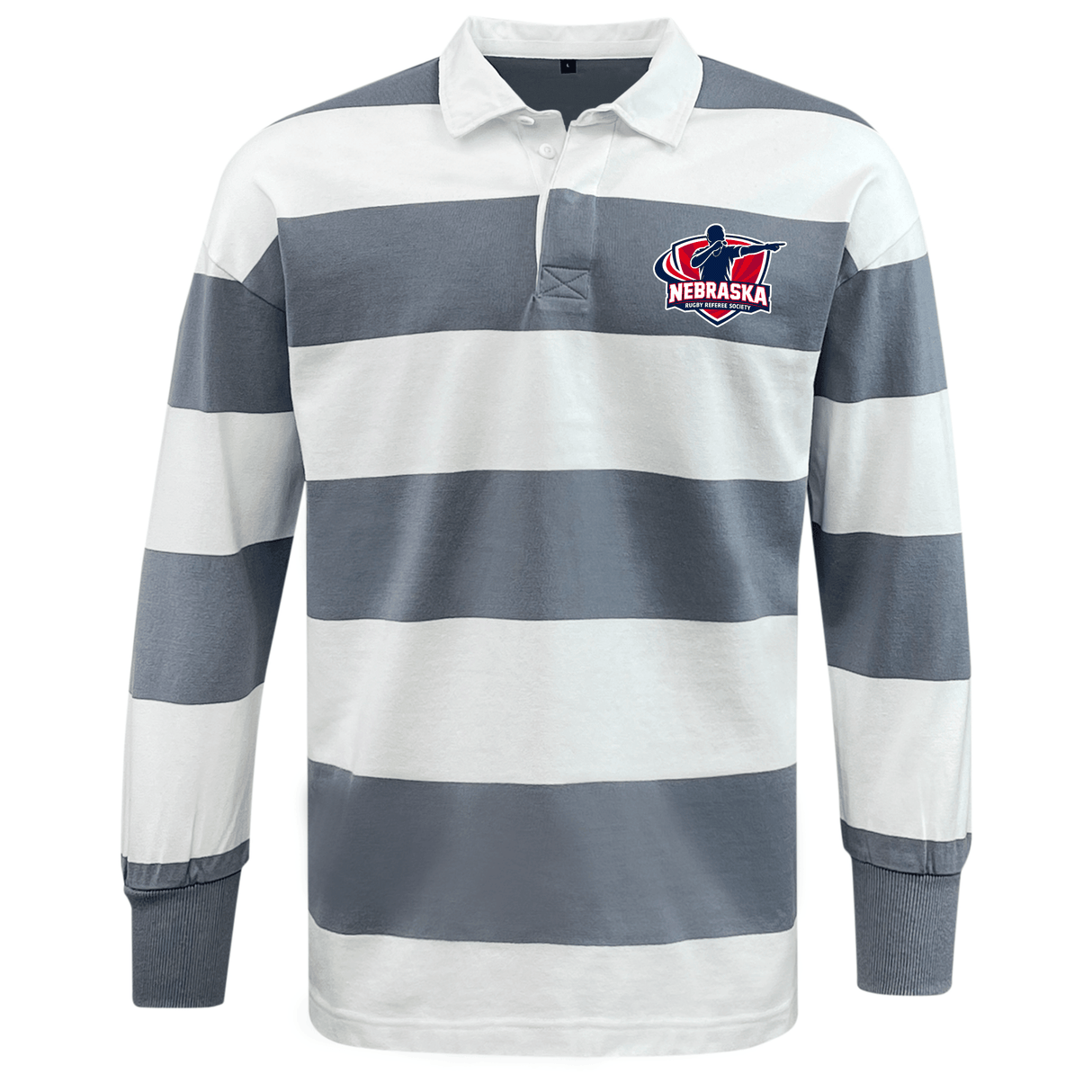 The EMB Mudoo Nebraska Rugby Referee Society Classic Long Sleeve Hooped Rugby Jersey features wide gray and white stripes and a Nebraska logo on the left chest, inspired by timeless rugby style.