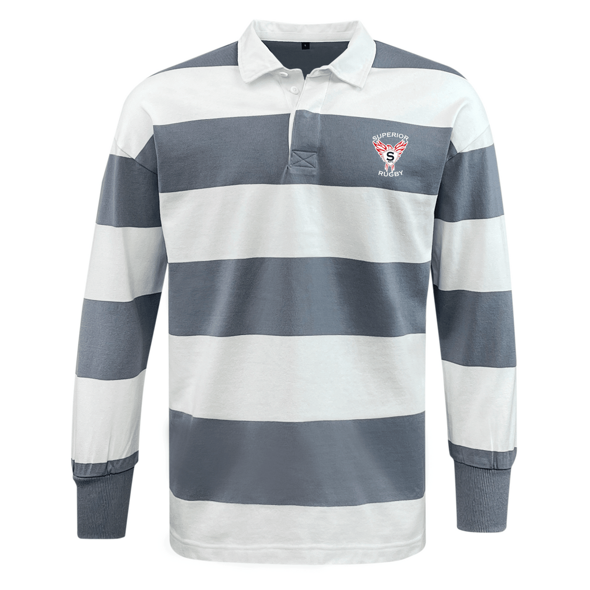The EMB Mudoo Superior Rugby Club Classic Long Sleeve Hooped Rugby Jersey features wide white and gray stripes, a collar, a crest logo on the left chest, and timeless rugby style.