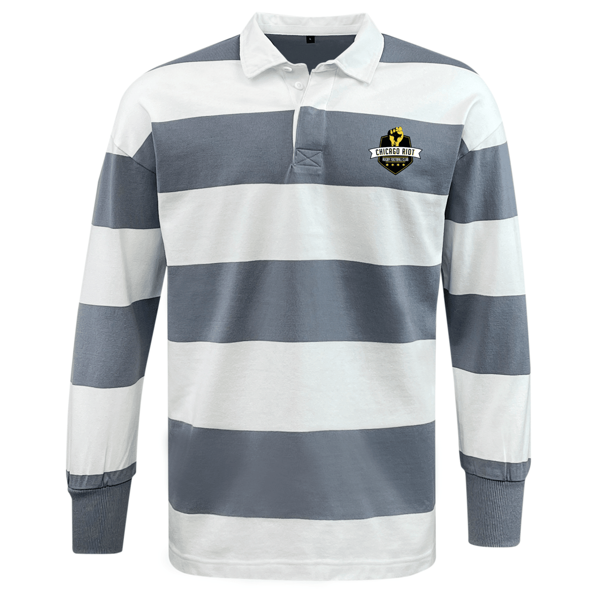 The EMB Mudoo Chicago Riot Classic Long Sleeve Hooped Rugby Jersey features wide white and gray stripes, a white collar, and a "Rugged Ruck" logo on the left chest.
