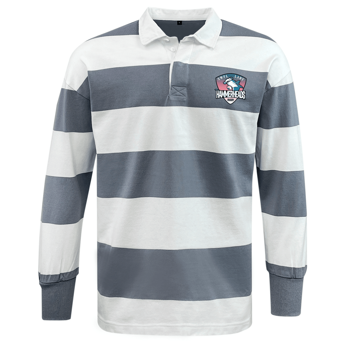 The SWFL Lady Hammerheads Classic Long Sleeve Hooped Rugby Jersey by WRS Mudoo features bold grey and white stripes and a striking "Hammerheads" shark logo on the left chest.