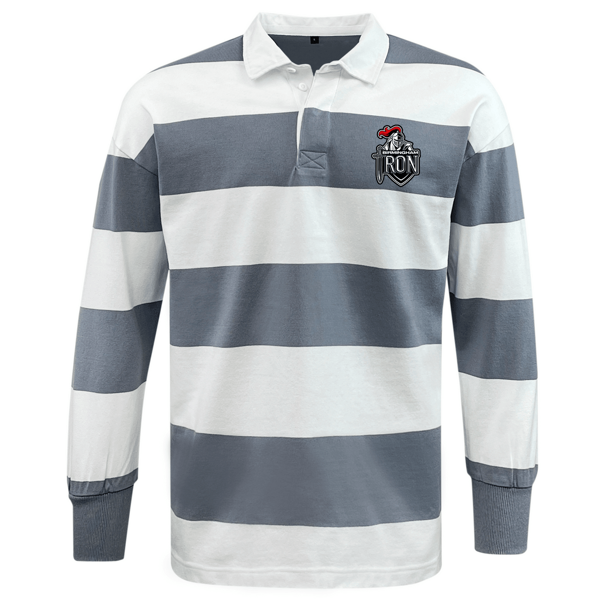 The EMB Mudoo Birmingham Iron Women's Football Classic Long Sleeve Hooped Rugby Jersey features bold blue and white hoops and a TRON logo patch on the left chest.