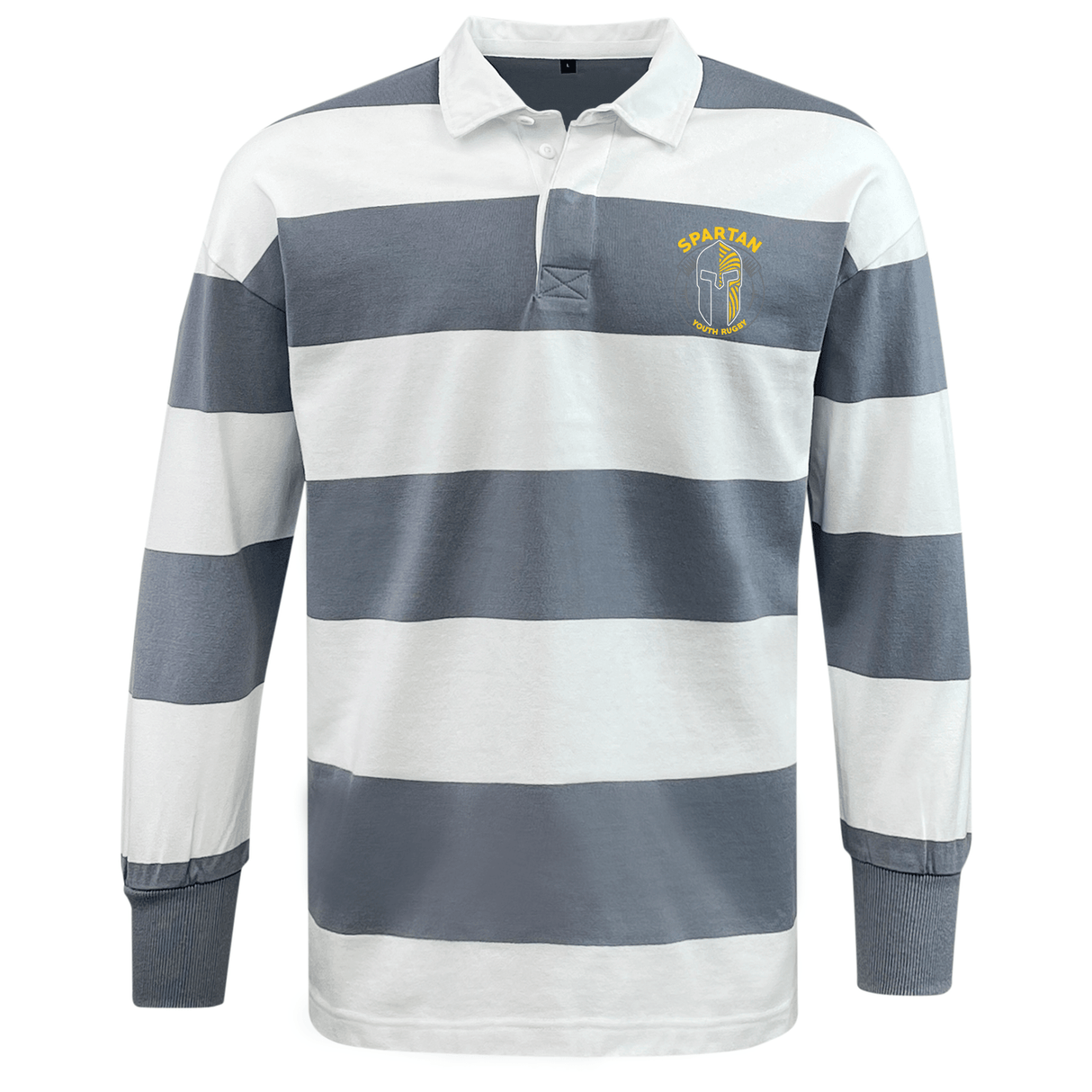 The Spartan Youth Rugby Classic Long Sleeve Hooped Jersey by EMB Mudoo features wide white and blue-grey stripes and a "Spartan" logo with helmet emblem on the left chest for timeless vintage rugby shirt style.