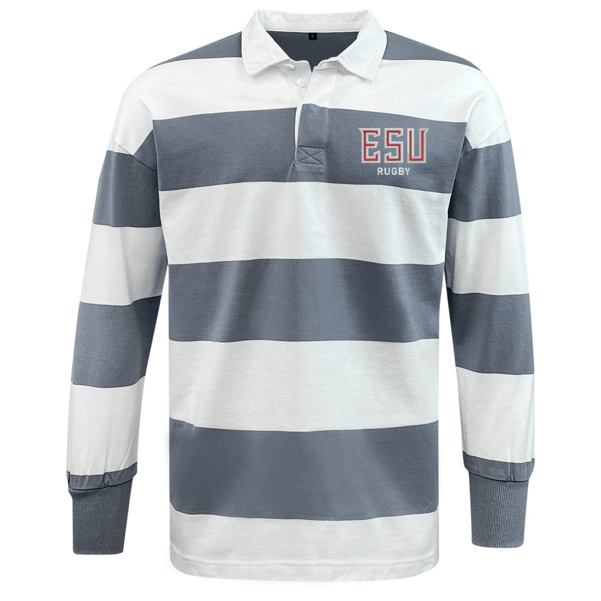 The EMB Mudoo East Stroudsburg University Classic Long Sleeve Hooped Rugby Jersey features gray and white stripes, a white collar, button placket, and "ESU RUGBY" embroidery on the chest.