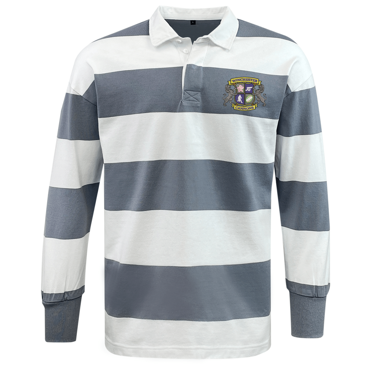 The EMB Mudoo Winchester Cannons Classic Long Sleeve Hooped Rugby Jersey features bold gray and white stripes, a crisp white collar, and a crest emblem on the left chest for timeless vintage appeal.
