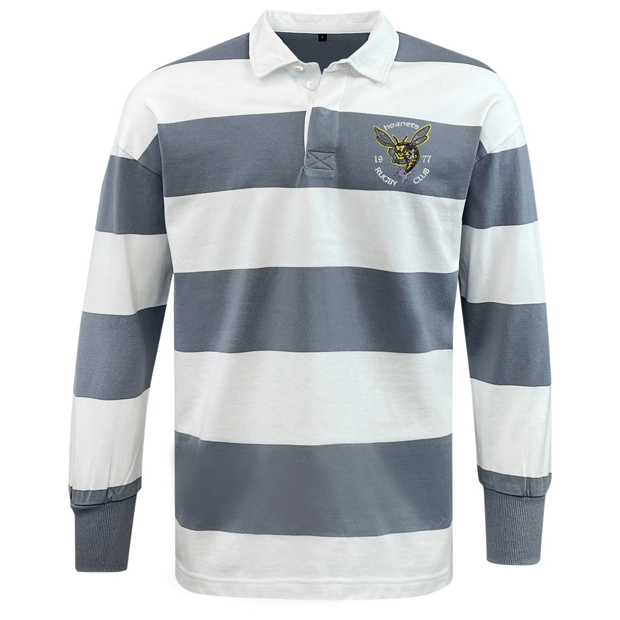 An iconic rugby shirt, the Hornets Rugby Club 1977 Classic Long Sleeve Hooped Rugby Jersey by EMB Mudoo features bold gray and white horizontal stripes, a crisp white collar, and an embroidered crest on the left chest reading "Hornets Rugby Club 1977." This vintage-inspired jersey embodies timeless athletic style.