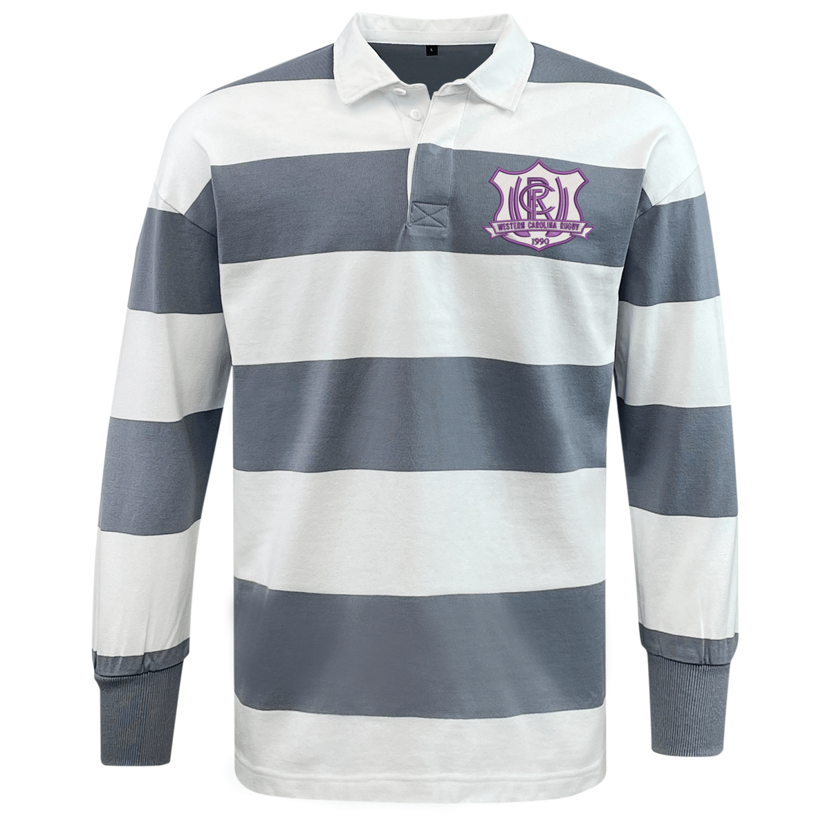 Western Carolina University Classic Long Sleeve Hooped Rugby Jersey featuring grey and white horizontal stripes, a white collar, and a purple chest logo.