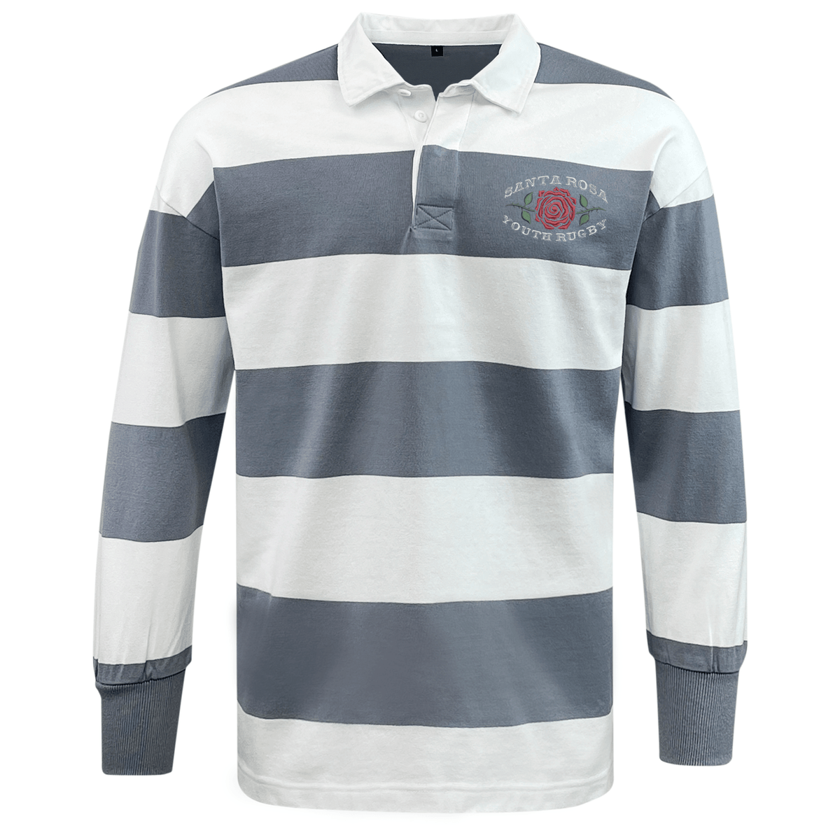 The EMB Mudoo Santa Rosa Youth Rugby Classic Long Sleeve Hooped Rugby Jersey features bold white and gray horizontal stripes, a crisp white collar, and “Santa Rosa Youth Rugby” text on the left chest—delivering timeless style to any fan’s collection.