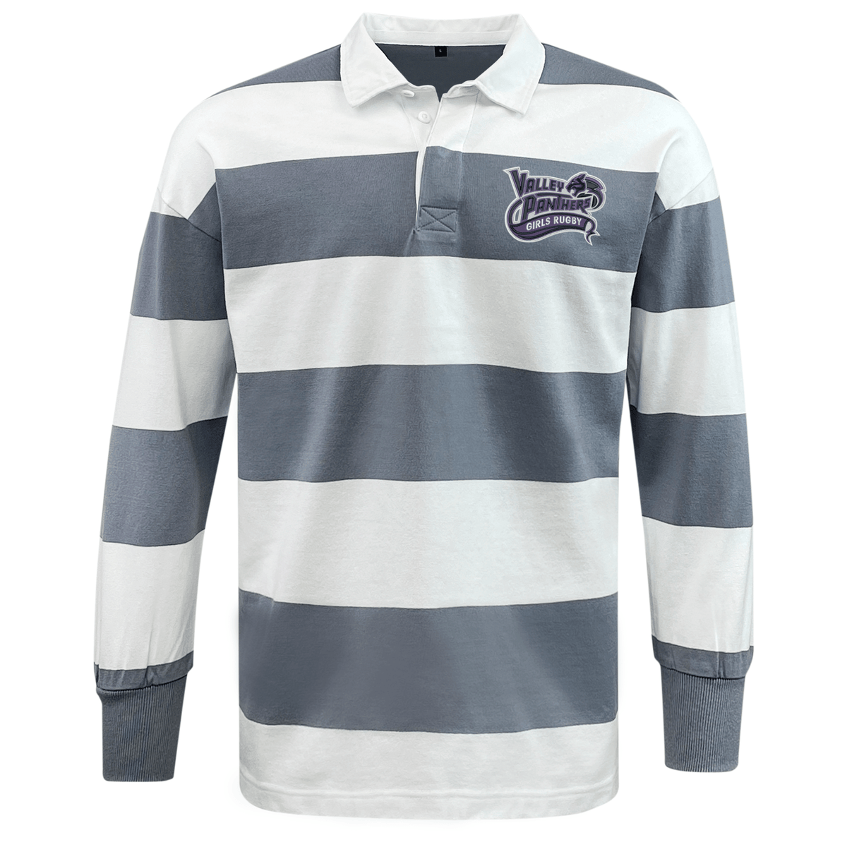 The EMB Mudoo Valley Panthers Girls Rugby Classic Long Sleeve Hooped Rugby Jersey features wide white and gray horizontal stripes with a “Valley Panthers” crest on the left chest, offering a timeless look inspired by retro rugby jersey styles.