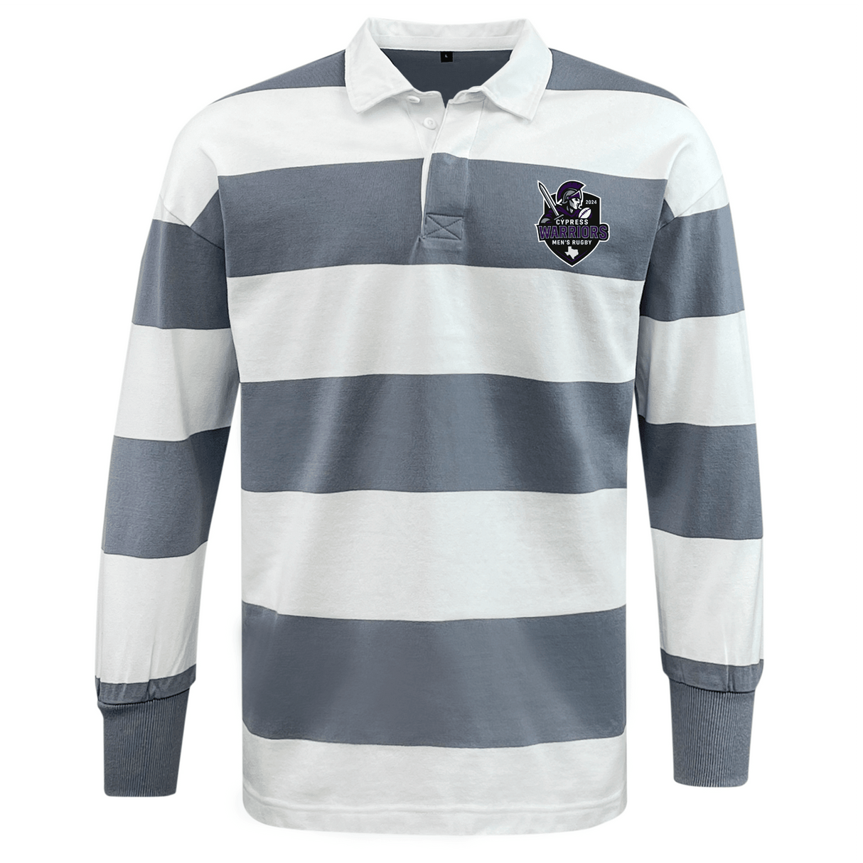 The EMB Mudoo Cypress Warriors Men's Rugby Classic Long Sleeve Hooped Rugby Jersey features wide gray and white stripes, plus a chest patch of a pirate mascot with crossed swords for classic rugby style.