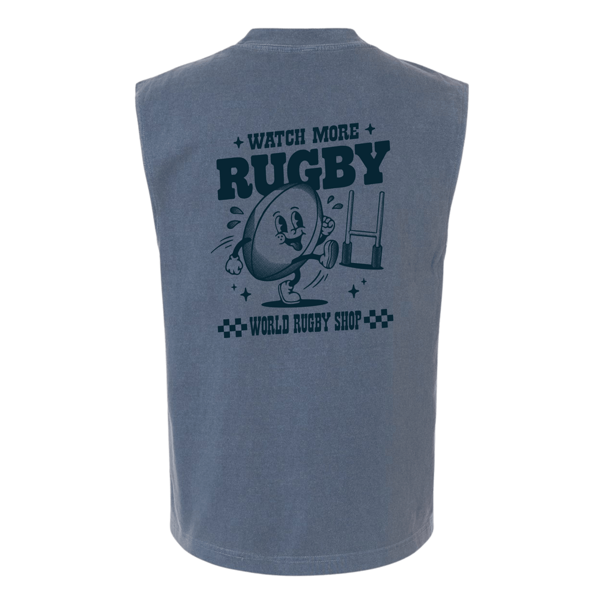 Back view of the Watch More Rugby Retro Muscle Tee by WRS S&S Activewear in gray, with a cartoon rugby ball character kicking a ball and the text "WATCH MORE RUGBY" and "WORLD RUGBY SHOP.