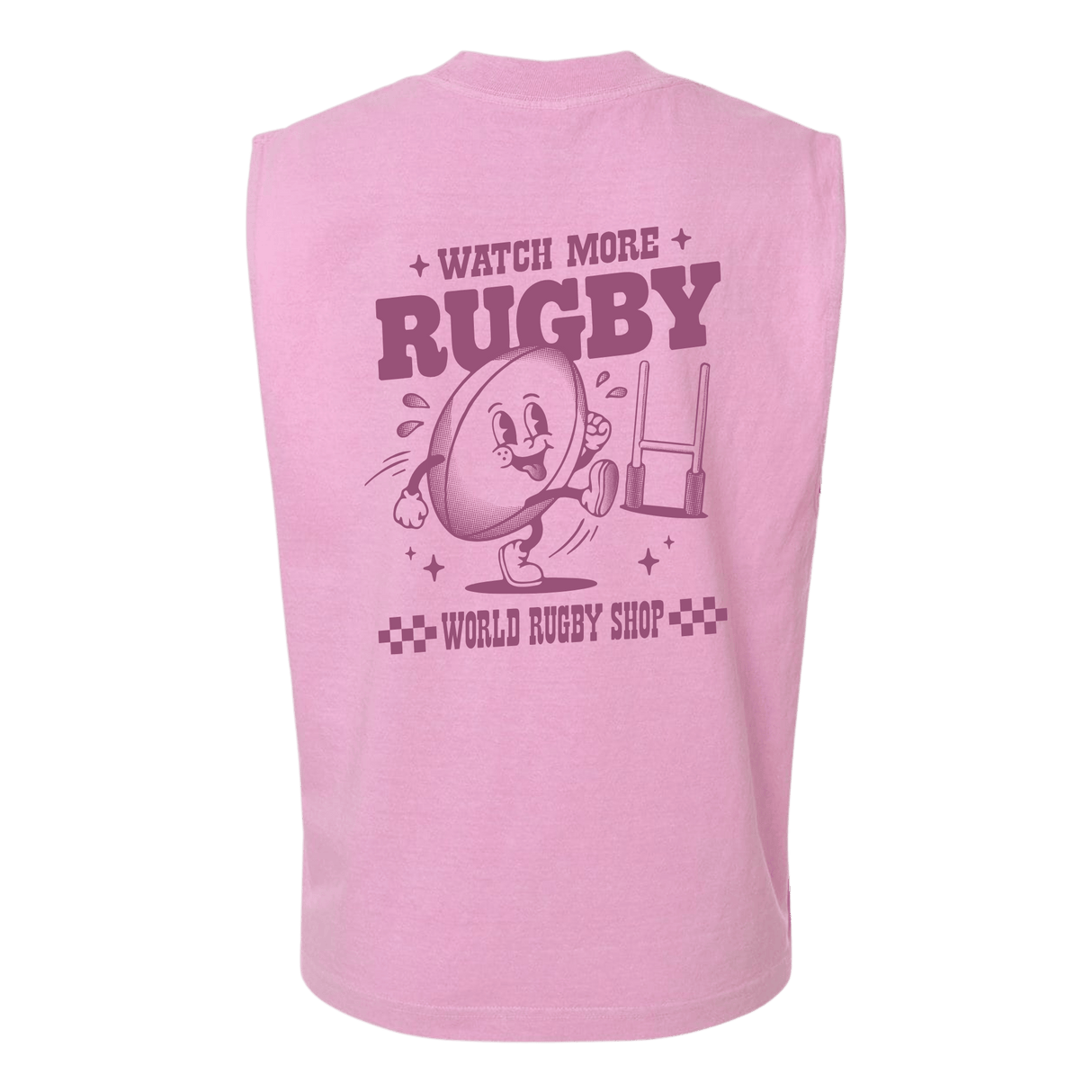 The WRS S&S Activewear Watch More Rugby Retro Muscle Tee is a pink sleeveless top with a cartoon rugby ball and goal posts, plus "WATCH MORE RUGBY" and "WORLD RUGBY SHOP" on the back, giving a fun vintage rugby vibe.
