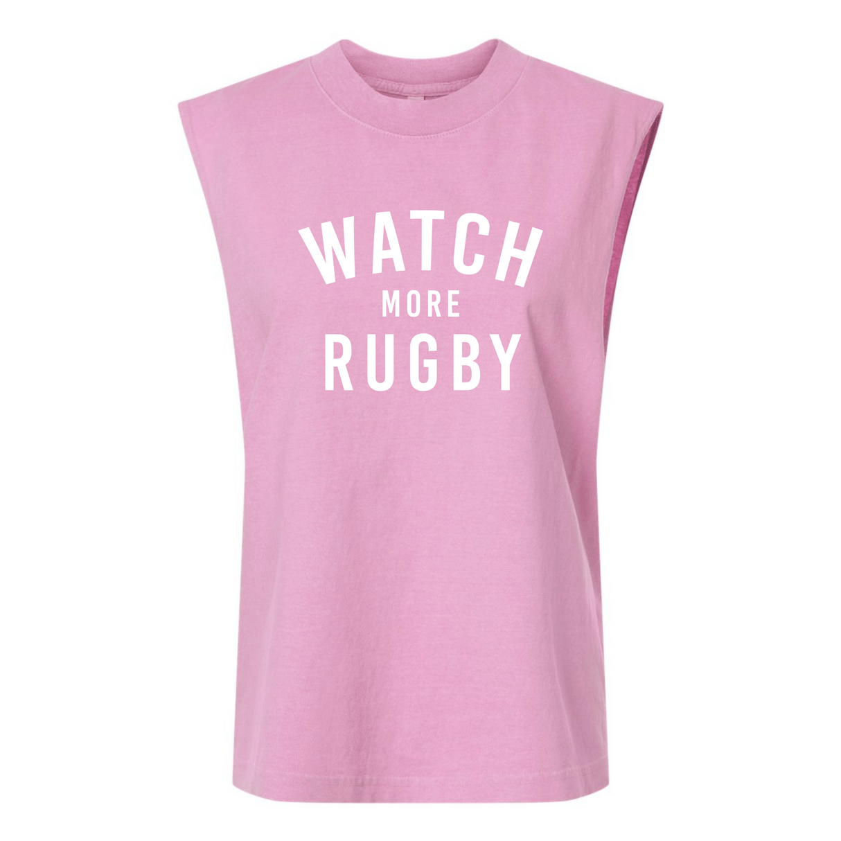 The Watch More Rugby Everyday Muscle Tee by WRS S&S Activewear is a sleeveless pink muscle tee with "WATCH MORE RUGBY" boldly printed in white, perfect for showing off your rugby passion.