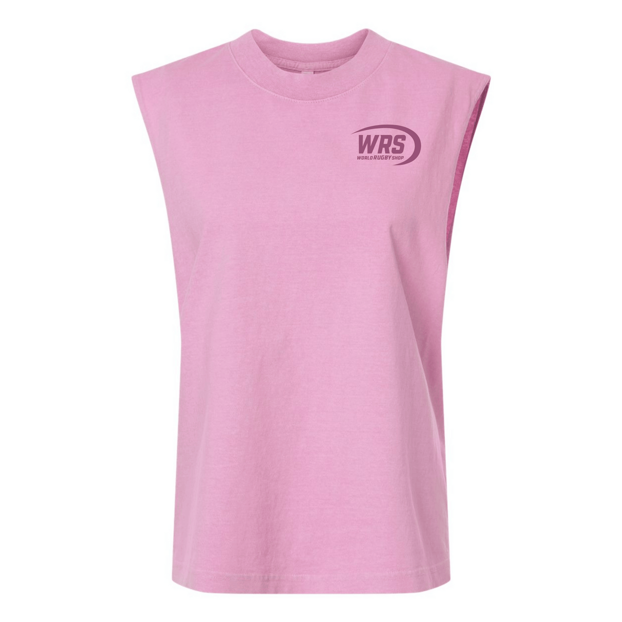 The Watch More Rugby Retro Muscle Tee by WRS S&S Activewear is a sleeveless pink shirt with a crew neck and "WRS RUGGEDITY" logo on the upper left chest.