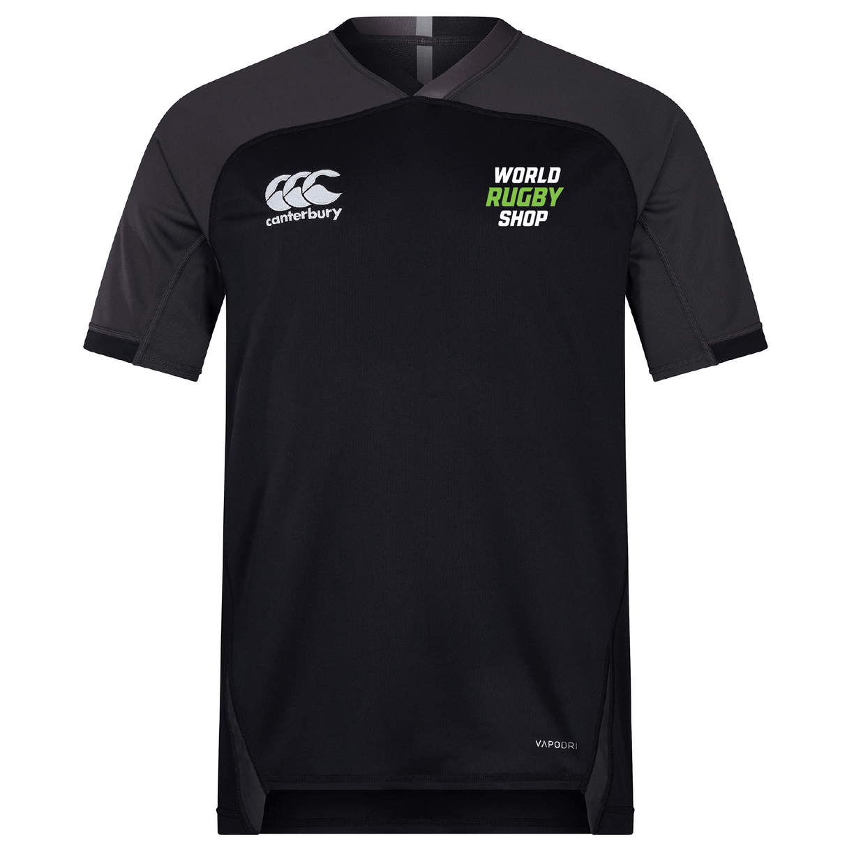 The World Rugby Shop Vapodri Evader Jersey by EMB Canterbury is a black short-sleeved jersey featuring a white 'Canterbury' logo on the left chest and green 'World Rugby Shop' text on the right chest. It is crafted with Vapodri moisture-wicking technology for optimal comfort.
