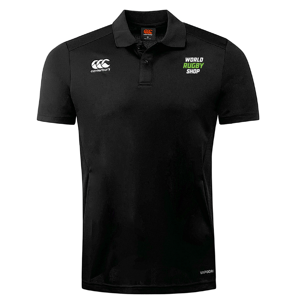The black World Rugby Shop Club Dry Polo by EMB Canterbury showcases embroidered "Canterbury" and "World Rugby Shop" logos on the chest. With its Vapodri Technology, this breathable shirt offers optimal comfort both on and off the field.