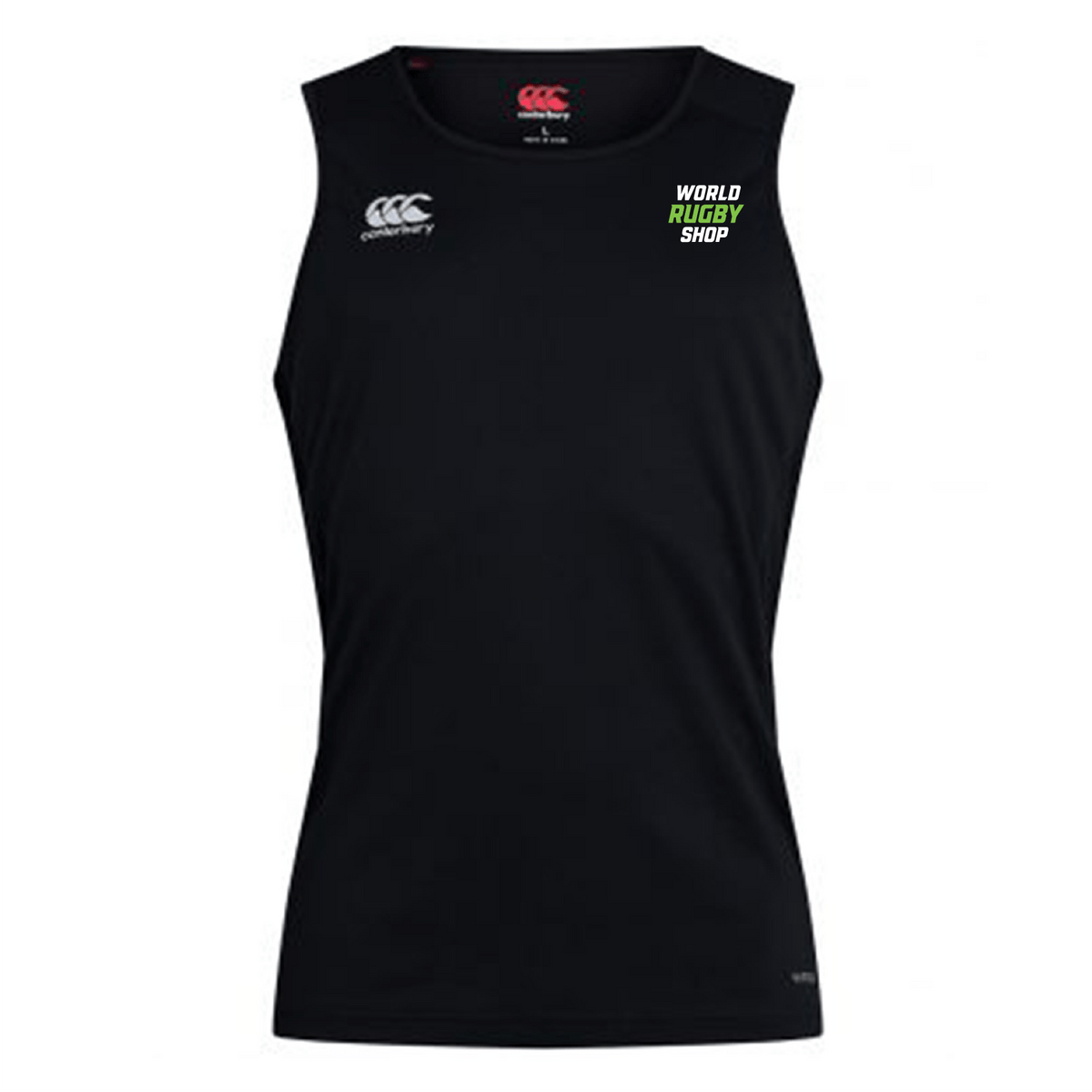 Black World Rugby Shop Club Dry Singlet by EMB Canterbury, showcasing the iconic Canterbury logo on the left shoulder and "World Rugby Shop" branding on the right chest. This athletic garment utilizes Vapodri Technology to ensure you stay cool and dry, making it an ideal choice for intense activities.
