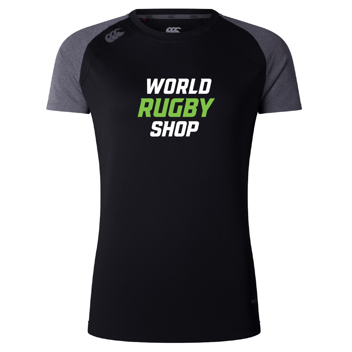 The World Rugby Shop Women's Elite Training Tee by Canterbury from WRS Canterbury is a black and gray t-shirt featuring "World Rugby Shop" printed in white and green text on the front. Crafted as a training tee, it offers lightweight fabric to ensure comfort during workouts.