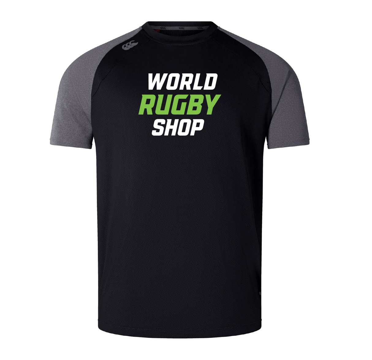 The World Rugby Shop Elite Training Tee by Canterbury, offered by WRS Canterbury, is a black and gray rugby jersey that showcases "World Rugby Shop" in striking white and green on the front. It utilizes advanced Vapodri fabrics for peak performance and boasts a modern design akin to a Canterbury Elite Training Tee, featuring an elegant 3D CCC logo.