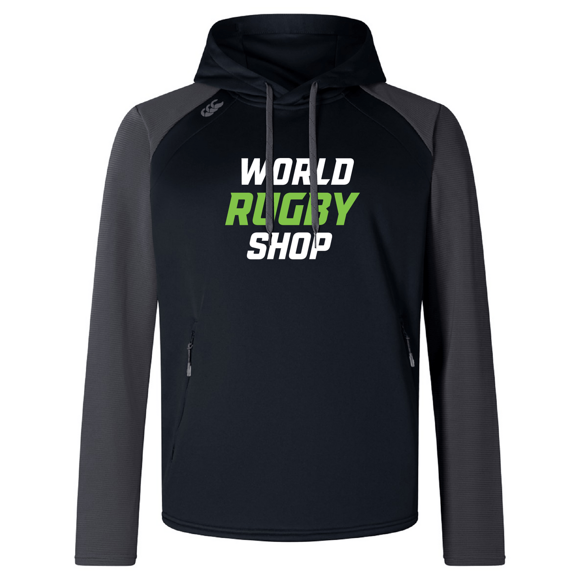 Black and gray World Rugby Shop Elite Training Hoody by Canterbury features the text "World Rugby Shop" on the front, crafted for performance and comfort with sustainable materials.