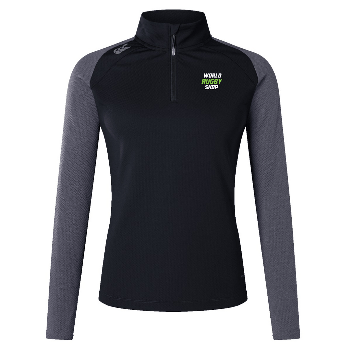 The World Rugby Shop Women's Elite First Layer by Canterbury, a black and gray long-sleeve zip-up athletic pullover from EMB Canterbury, features the "World Rugby Shop" logo on the front and is crafted with VapoDri technology for enhanced moisture management.