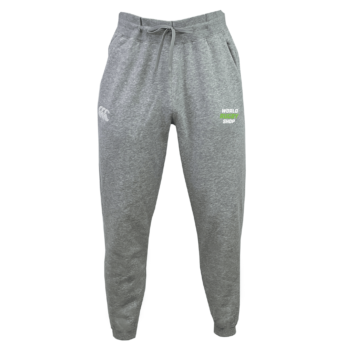 The World Rugby Shop Leisure Sweatpant by EMB Canterbury is crafted from soft, organic cotton and comes in a gray shade. It features an elastic waistband with a drawstring and is adorned with white logos on the left thigh and right hip, ensuring both style and sustainability.