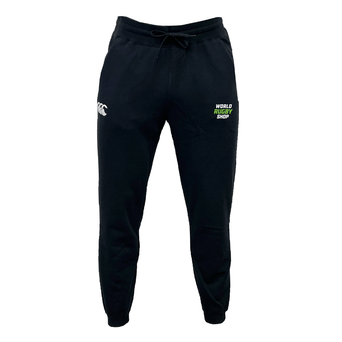 World Rugby Shop Leisure Sweatpant by Canterbury, designed by EMB Canterbury, features black track pants made from sustainable sweatpants fabric with a drawstring waist. They are adorned with a 'CAN' logo on one side and 'WORLD RUGBY SHOP' text on the other.