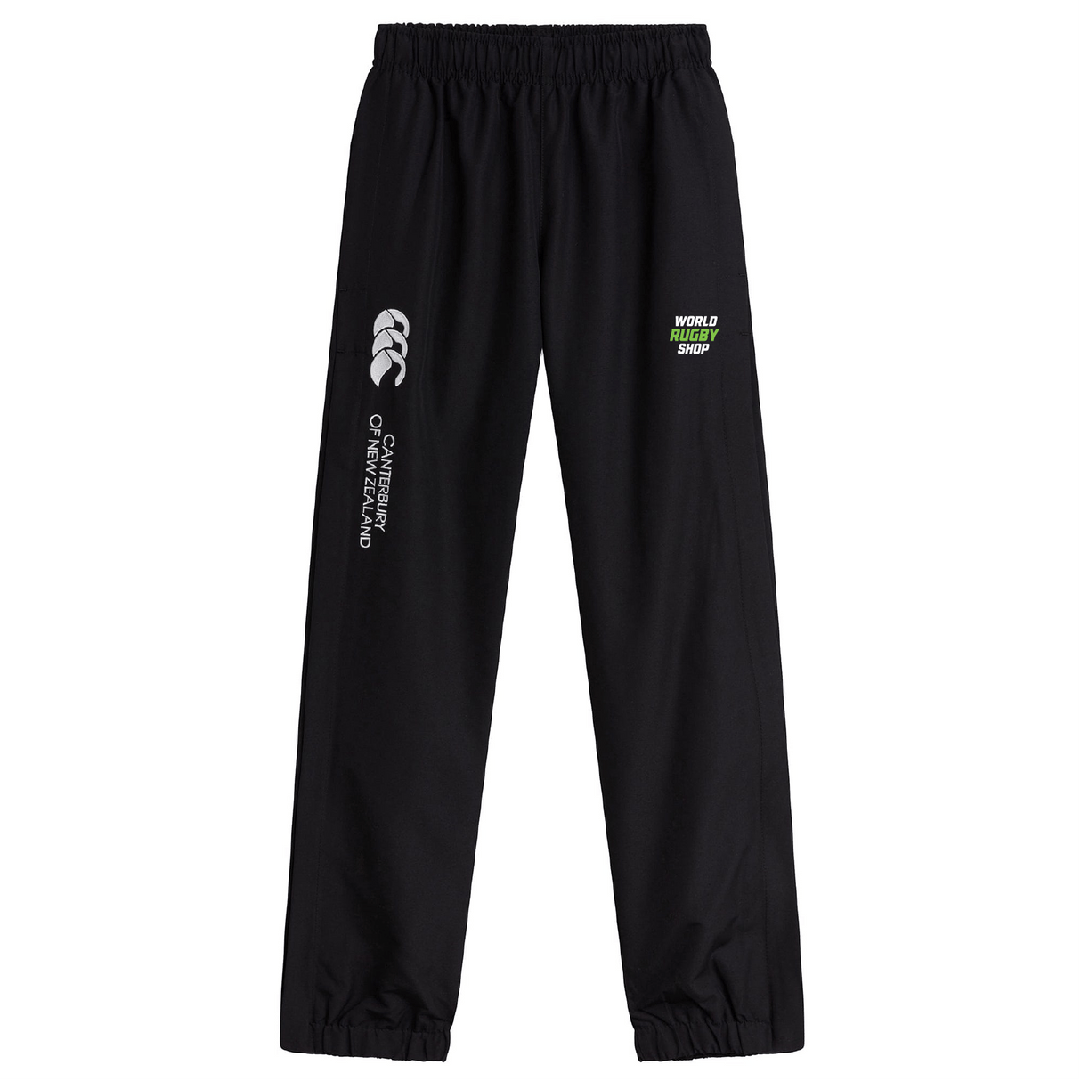 Black stadium pants with an elastic waist and cuffed hem, highlighted by the iconic EMB Canterbury logo along with the World Rugby Shop emblem on the front.