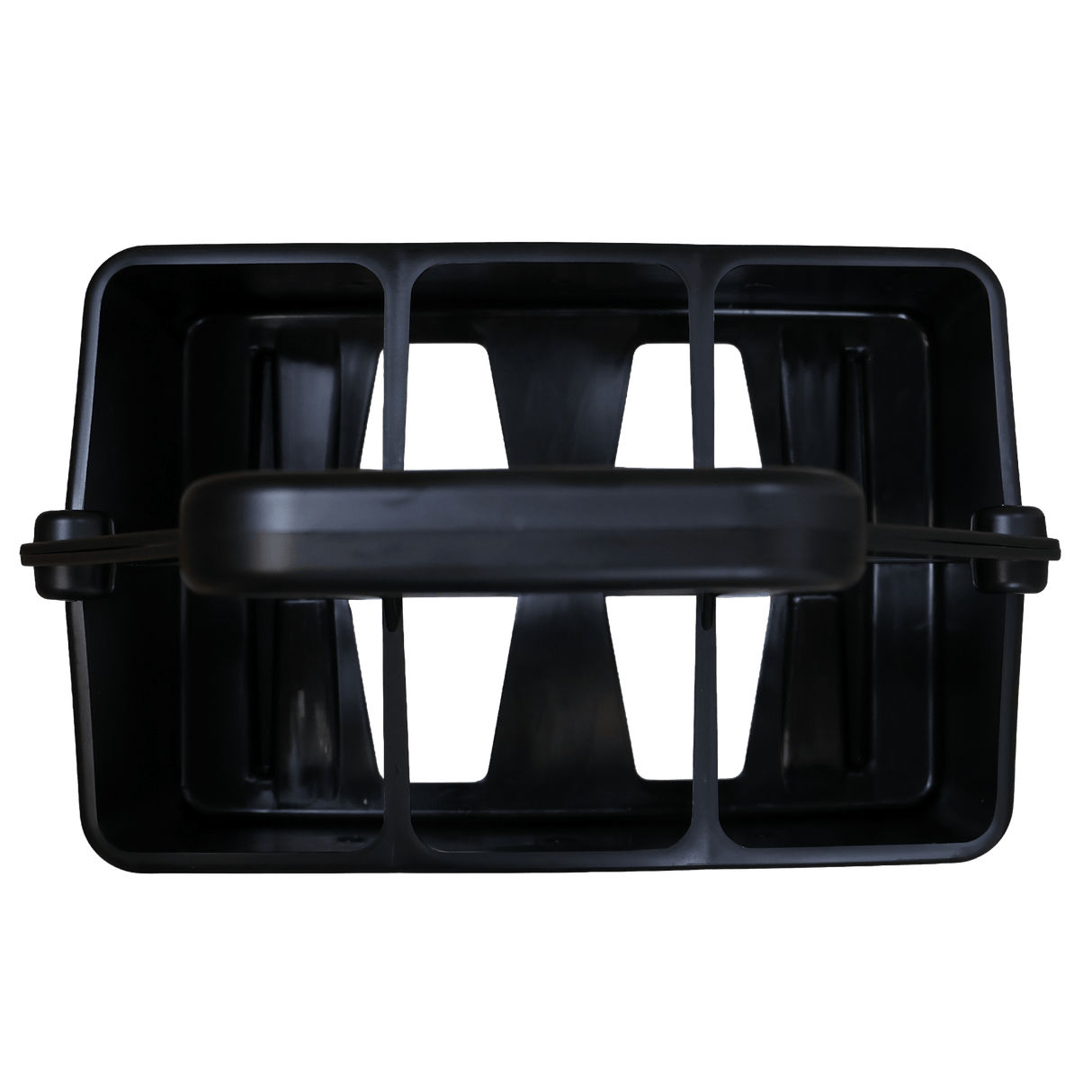 Top view of the World Rugby Shop Water Bottle Carrier by Springboard Promotions, a black rectangular carrier with a central handle and six spacious compartments, perfect for organizing bottles.