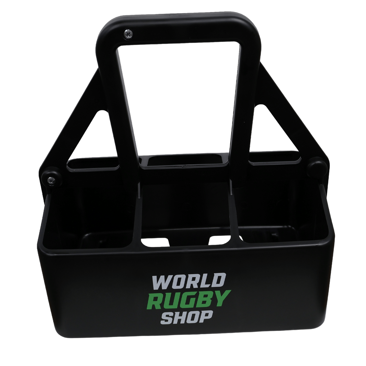 The World Rugby Shop Water Bottle Carrier by Springboard Promotions is a sturdy black 6-compartment carrier with a handle, and "WORLD RUGBY SHOP" printed in bold white and green on the front.