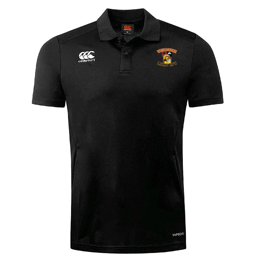 The Westshore Lions Club Dry Polo by EMB Canterbury is a black breathable shirt with a Canterbury logo on the right chest and a yellow and red emblem on the left, featuring Vapodri Technology for ultimate comfort.
