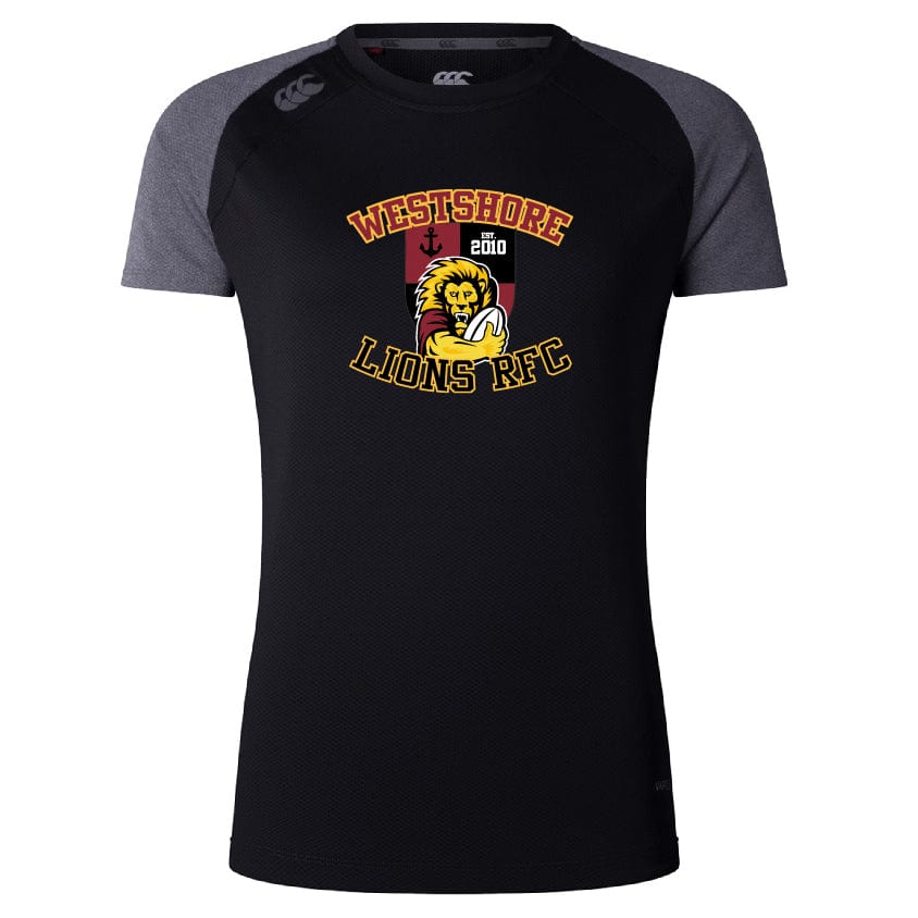 The Westshore Lions Women's Elite Training Tee by WRS Canterbury is a black and gray short-sleeve shirt adorned with the "Westshore Lions RFC" logo, showcasing a lion and anchor design. Crafted from lightweight fabric, this tee provides comfort and style for athletes on the move.