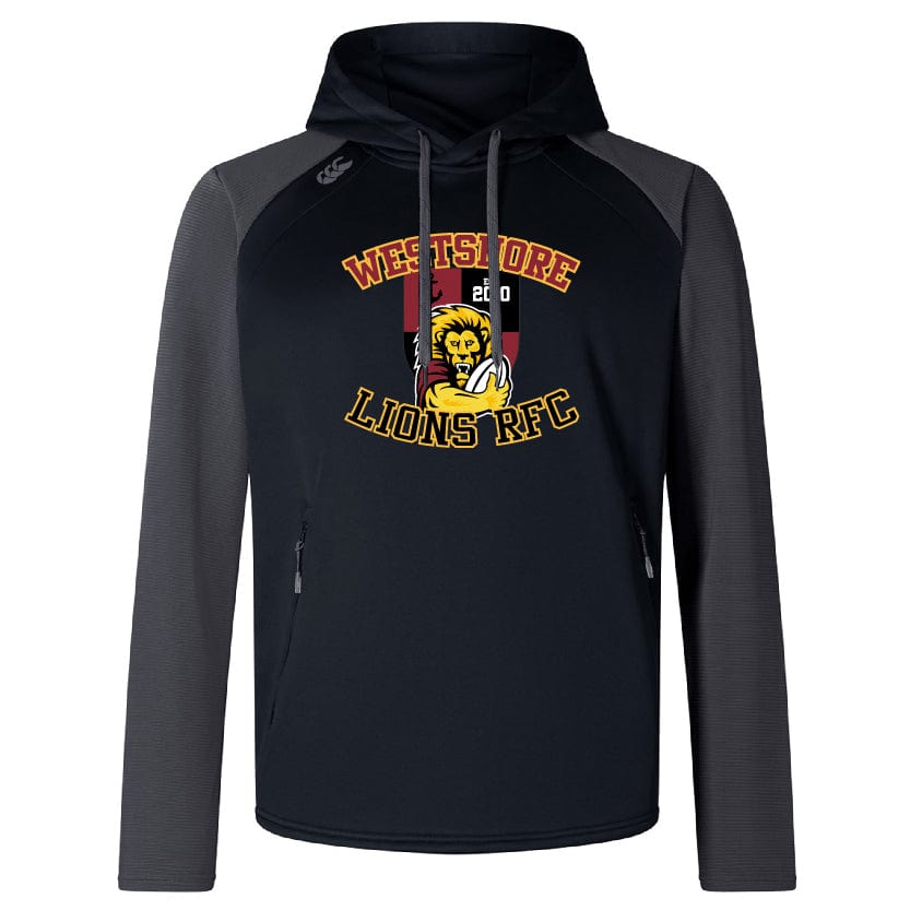 The Westshore Lions Elite Training Hoody by Canterbury, from WRS Canterbury, comes in black with gray sleeves and showcases "Westshore Lions RFC" along with a lion logo on the front. It is crafted from lower impact materials to maximize performance and comfort.