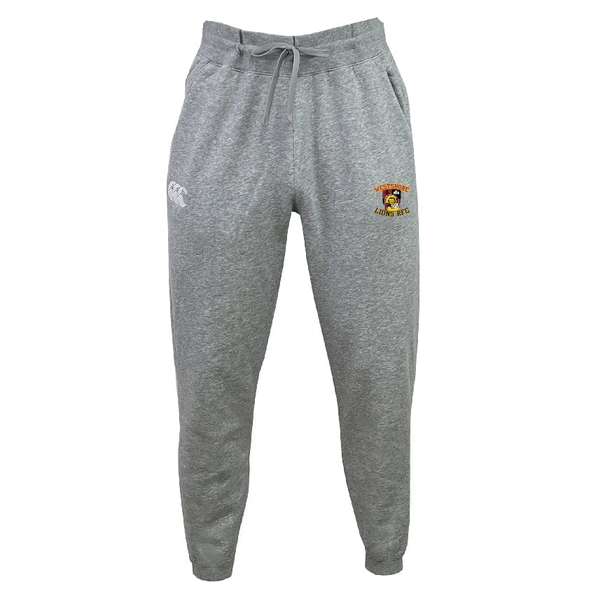 The Westshore Lions Leisure Sweatpant by Canterbury, from EMB Canterbury, is made of organic cotton and includes a drawstring waist along with embroidered logos on both sides near the pockets.