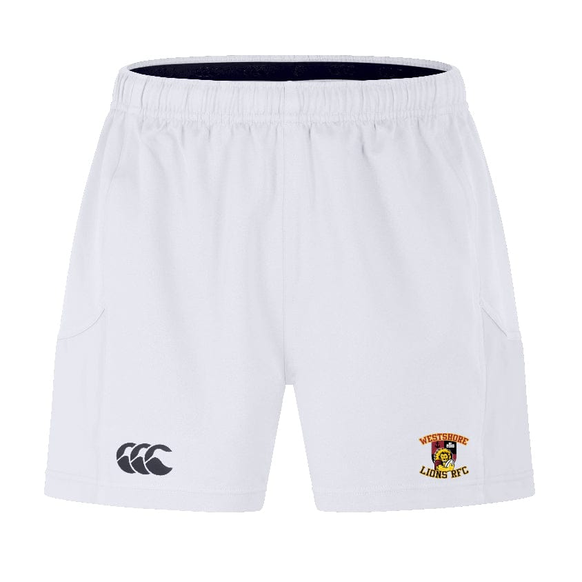 The Westshore Lions Advantage Short 2.0 by EMB Canterbury are white athletic shorts with an elastic waistband, featuring a logo on the right leg and the "Moosejaw Lions RFC" emblem on the left. These shorts are crafted for ultimate performance and incorporate recycled content for an eco-friendly edge.
