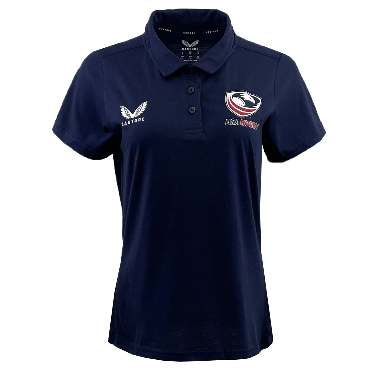 The Women's USA Rugby Cotton Polo by Castore in navy showcases an embroidered USA Rugby logo and a white Castore logo, elegantly displaying your passion for the game and fashion.
