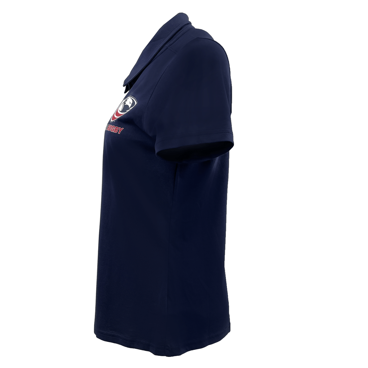 Side view of a navy blue Women's USA Rugby Cotton Polo by Castore, showcasing short sleeves and a red chest logo.