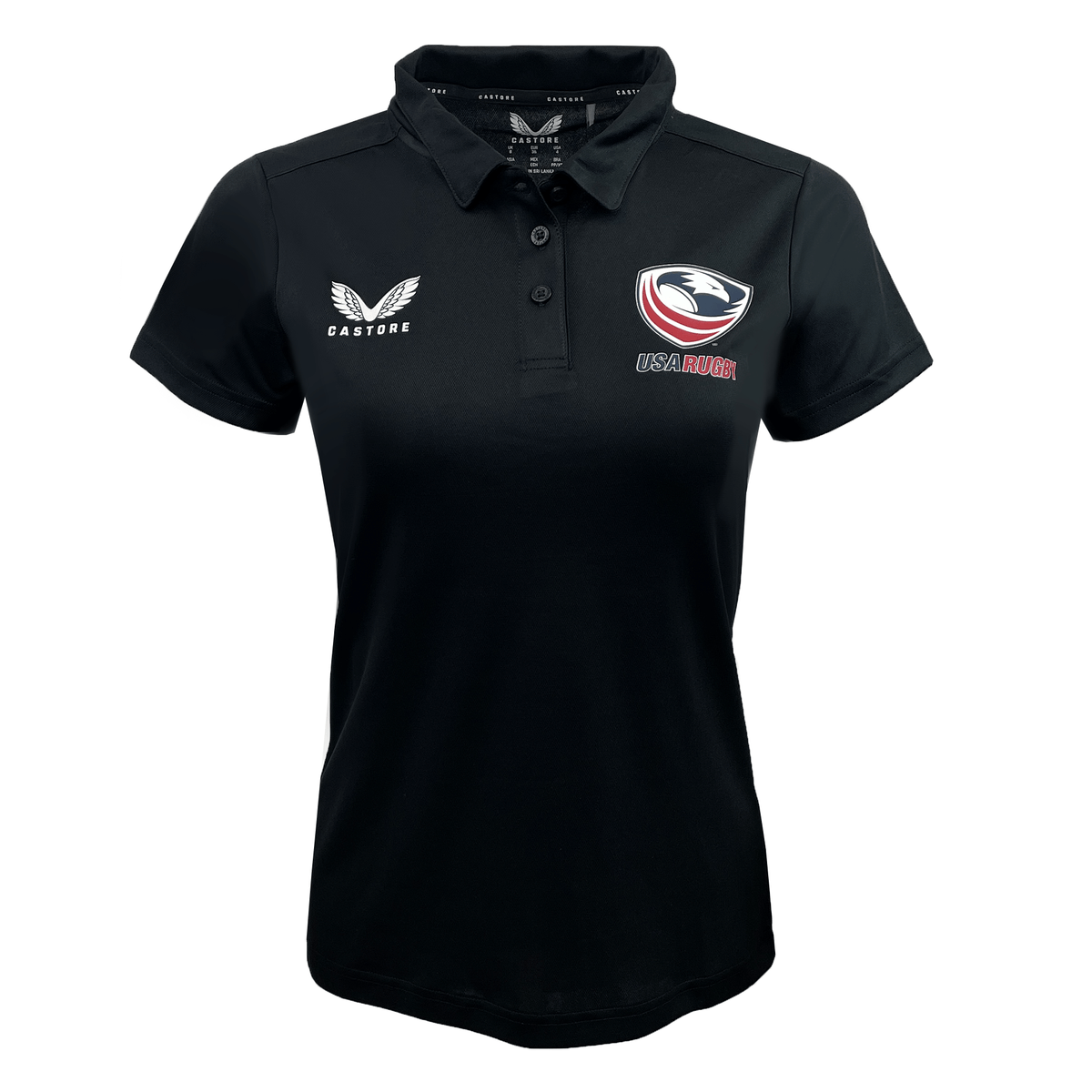 Women's USA Rugby Polyester Polo by Castore in black, featuring a USA Rugby logo on the left chest and the Castore emblem on the right.