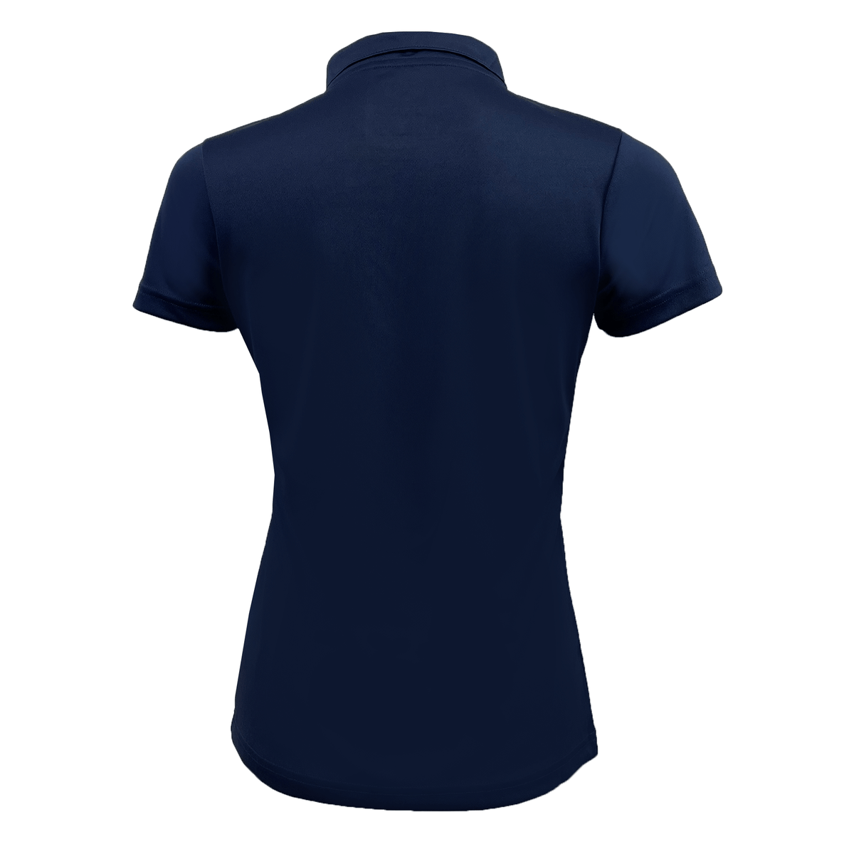 Back view of a dark blue Women's USA Rugby Polyester Polo by Castore, featuring short sleeves and highlighting the brand's renowned craftsmanship, set against a white background.