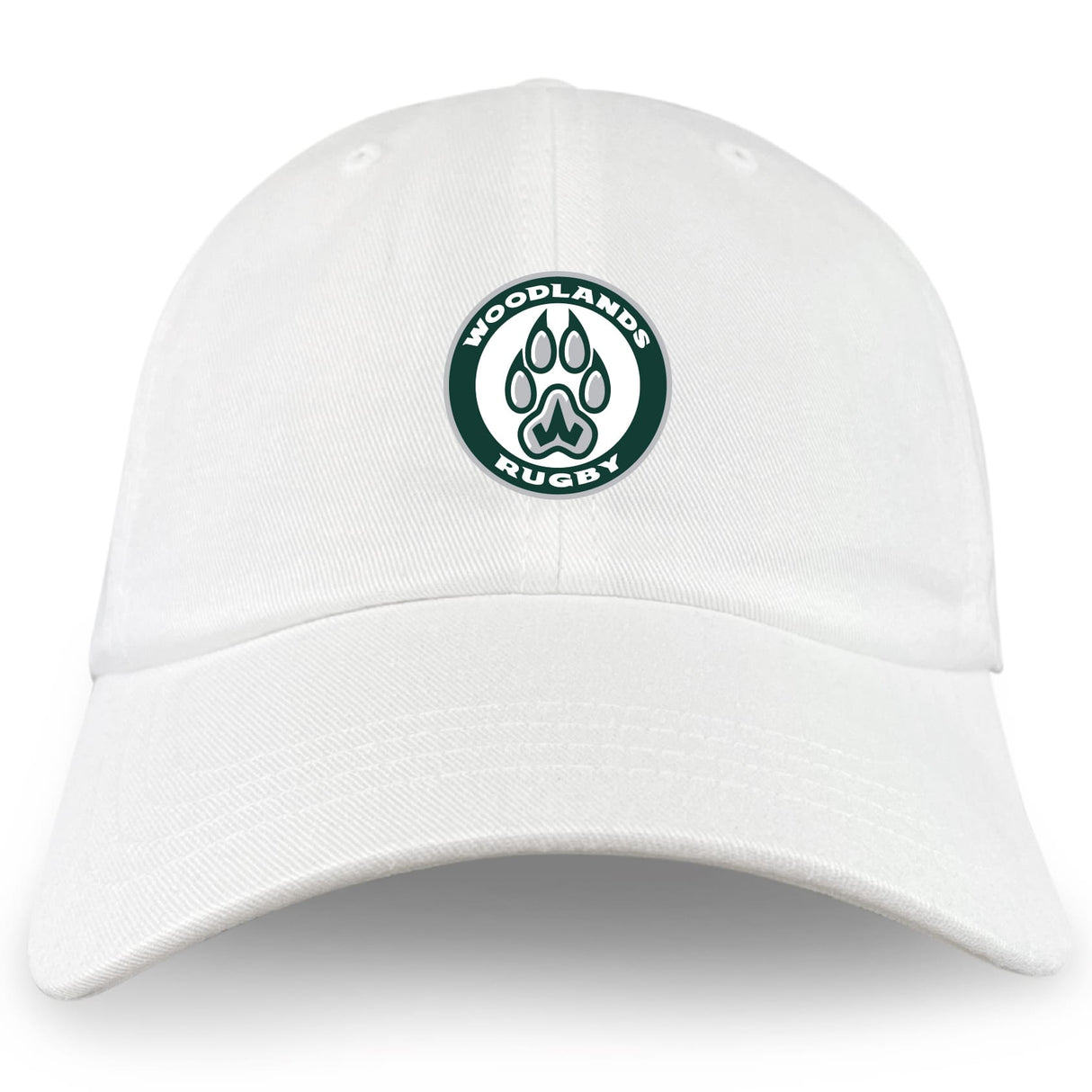 The Woodlands Youth Adult Low-Profile Cotton Twill Dad Cap by EMB S&S Activewear features a circular green and white "Woodlands Rugby" embroidered logo with a paw print on the front.