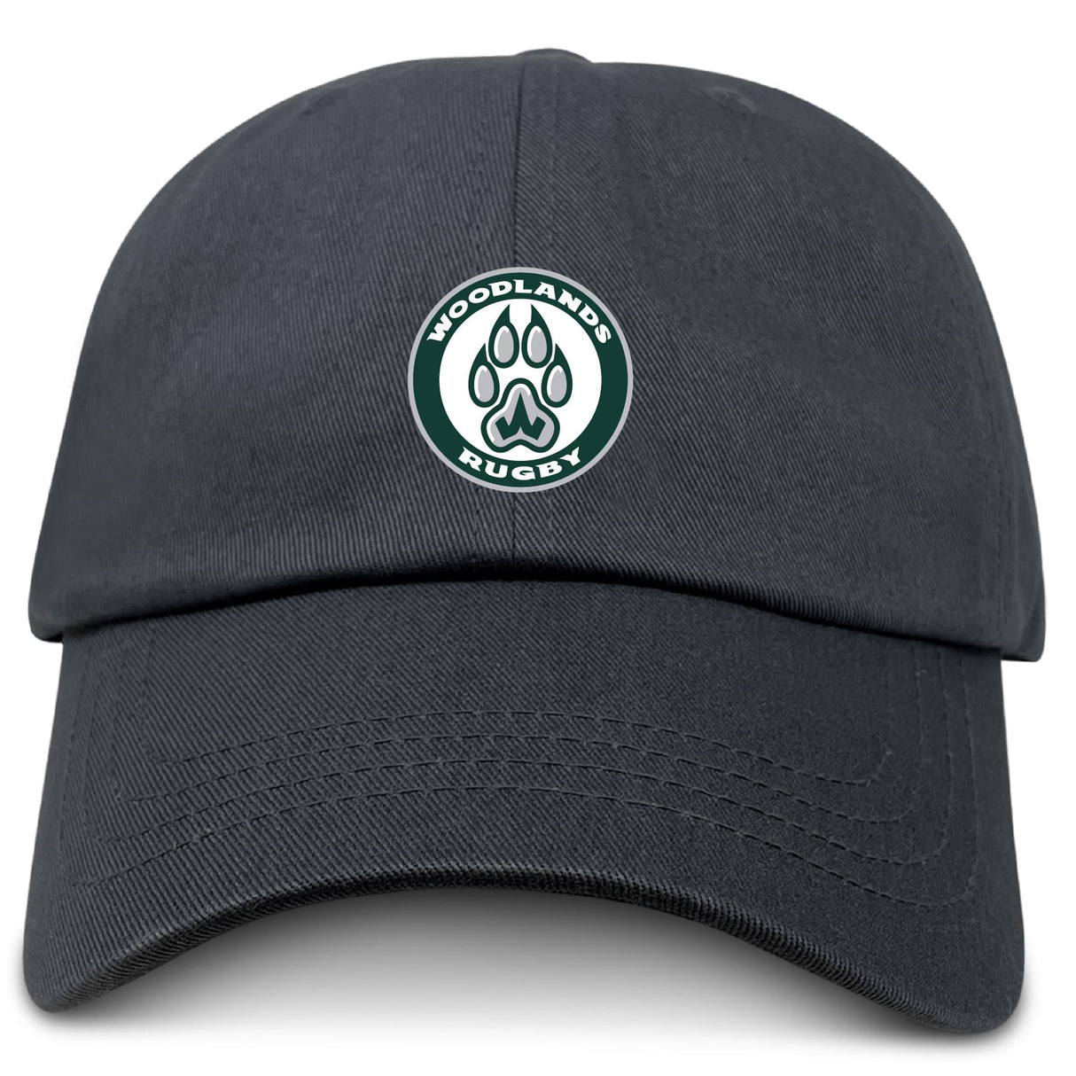The EMB S&S Activewear Woodlands Youth Adult Low-Profile Cotton Twill Dad Cap features a black design with an embroidered green and white "Woodlands Rugby" logo and paw print on the front.