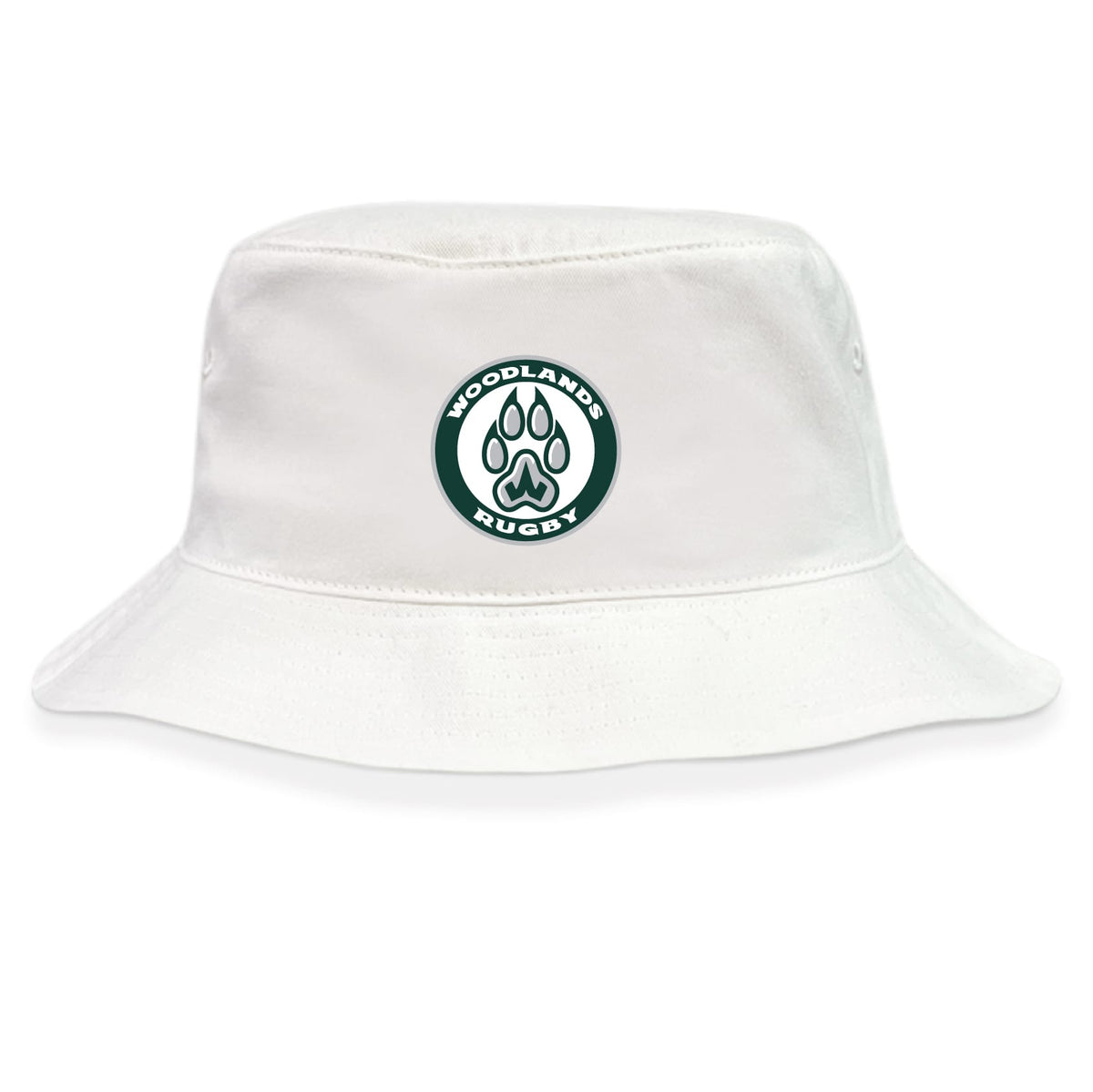 The EMB S&S Activewear Woodlands Youth Crusher Bucket Cap is a white cotton hat with a circular "Woodlands Rugby" logo and green paw print, offering sun protection, comfort, and style for outdoor enthusiasts.