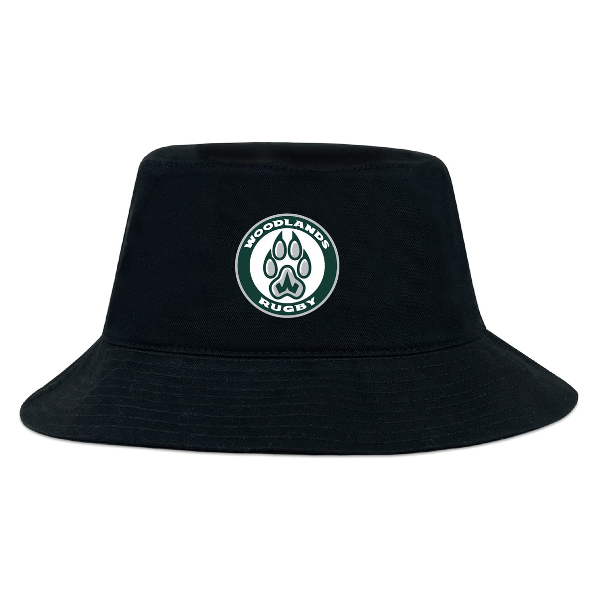 The Woodlands Youth Crusher Bucket Cap by EMB S&S Activewear is a black cotton hat with a front circular "Woodlands Rugby" logo and paw print, ideal for stylish sun protection during outdoor activities.