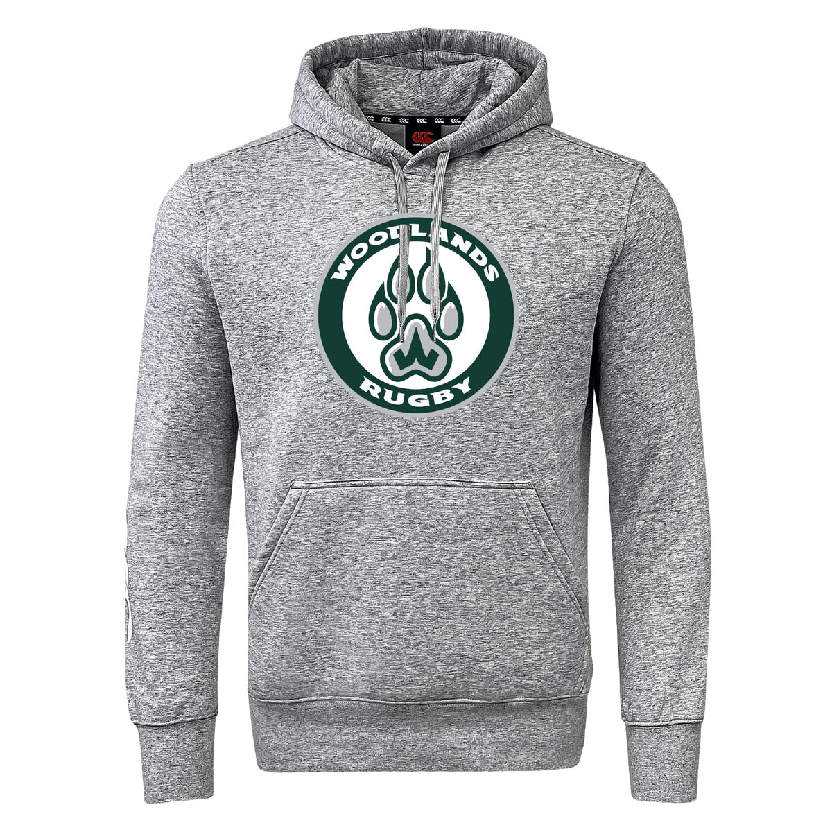 The Woodlands Youth Club Hoodie by Canterbury from WRS Canterbury features a gray design with a green and white "Woodlands Rugby" paw print logo—ideal for showing rugby club spirit.