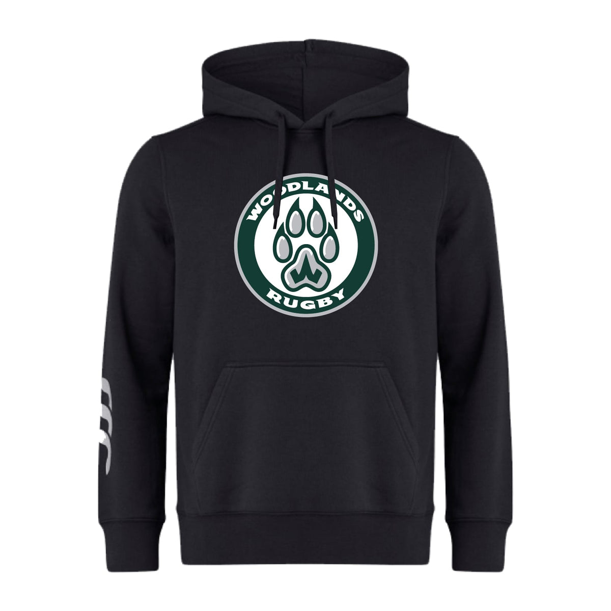 The Woodlands Youth Club Hoodie by WRS Canterbury features a front pocket, circular "Woodlands Rugby" paw print logo on the chest, and white stripes on the right sleeve—a perfect customizable team hoodie for any squad.