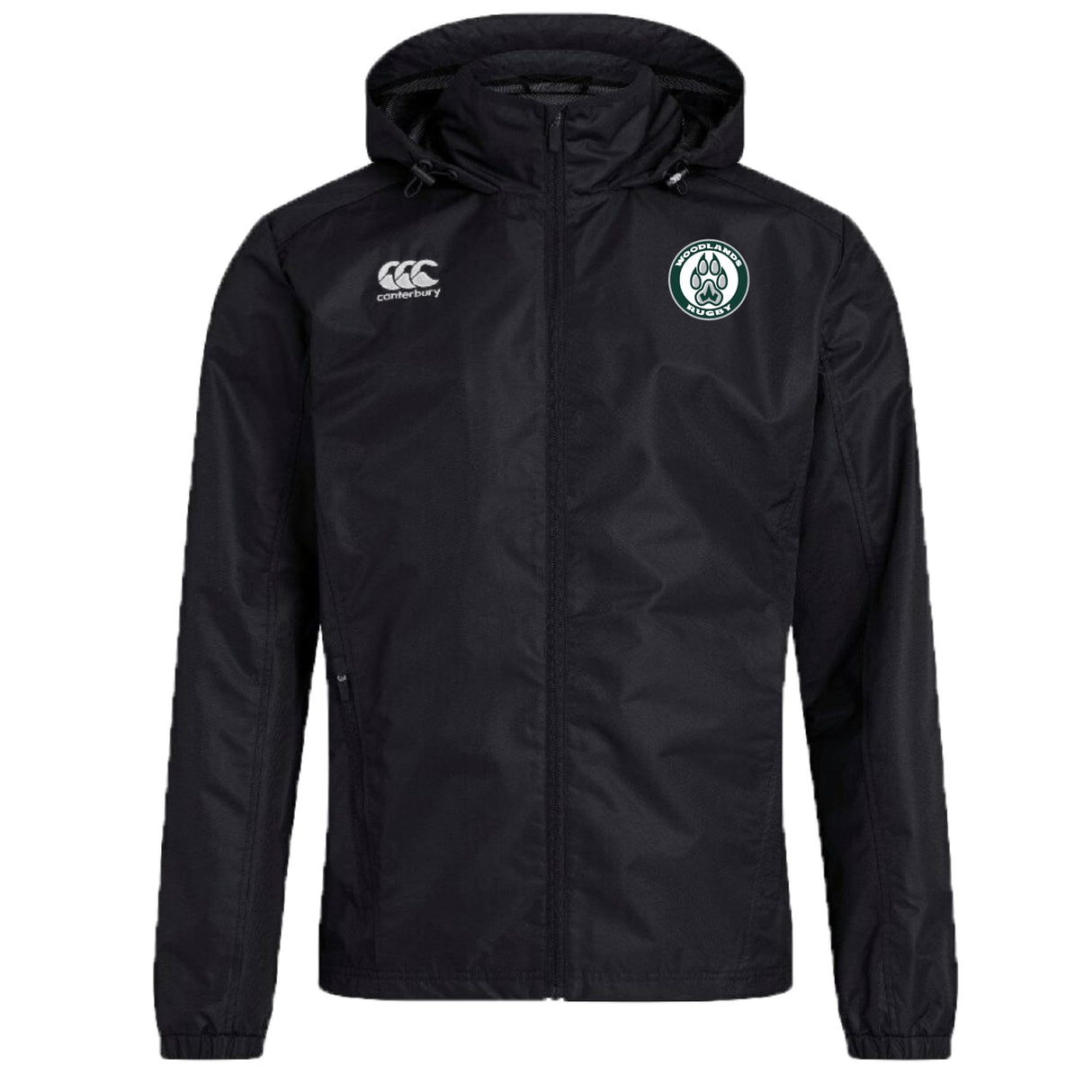 The Woodlands Youth Club Vaposhield Stadium Jacket by EMB Canterbury is a black padded jacket with a front zipper, featuring the Canterbury logo on the right chest and an embroidered circular paw print on the left chest.