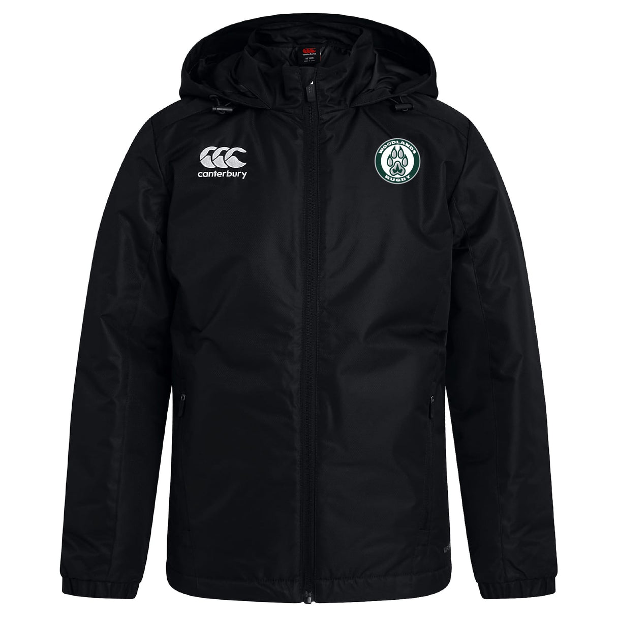 The Woodlands Youth Club Vaposhield Full Zip Rain Jacket by EMB Canterbury is a black zip-up with a white Canterbury logo on the right chest and a green and white club emblem on the left, featuring VapoShield water-resistant technology.
