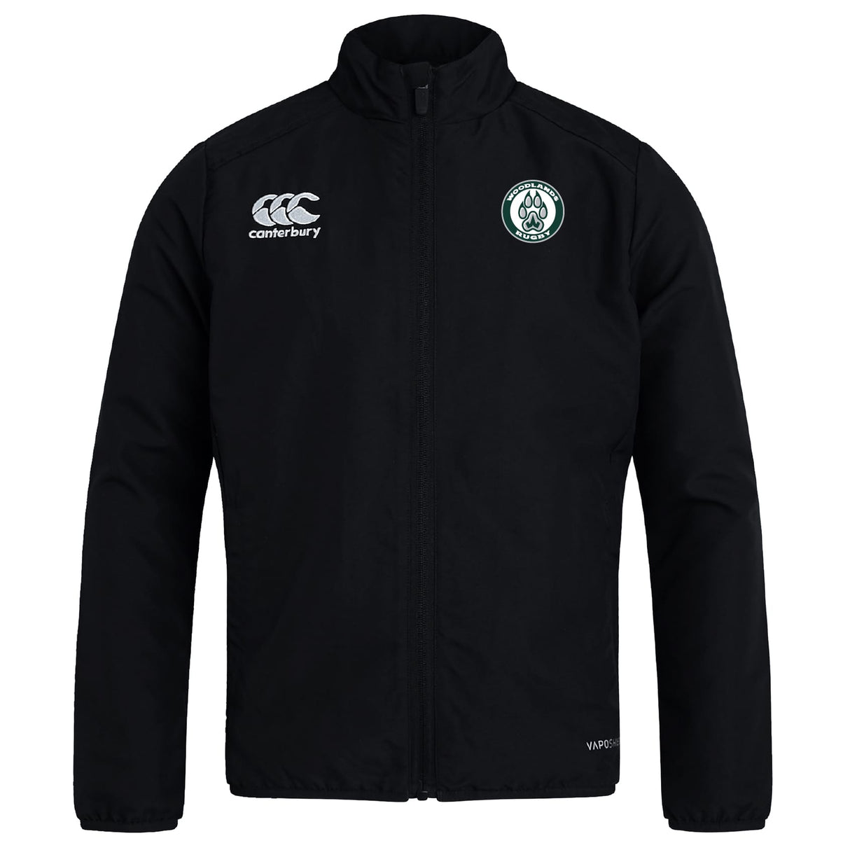 The Woodlands Youth Club Track Jacket by EMB Canterbury is a lightweight black jacket with long sleeves, featuring the Canterbury logo on the right chest and a circular green and white emblem on the left chest.