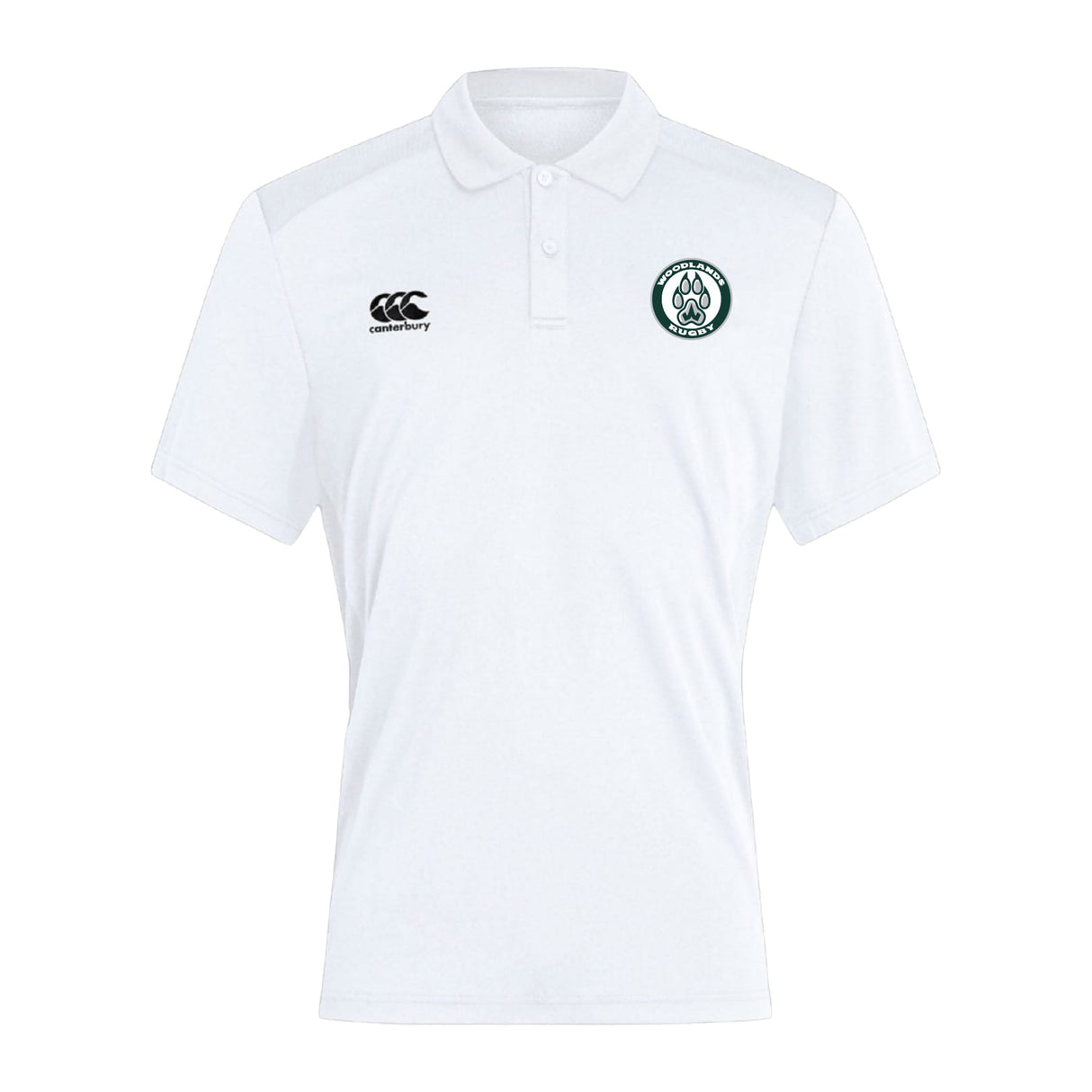 The Woodlands Youth Club Dry Polo by EMB Canterbury features a breathable design, green circular left-chest logo, black Canterbury logo with Vapodri Technology on the right, combining style and comfort.