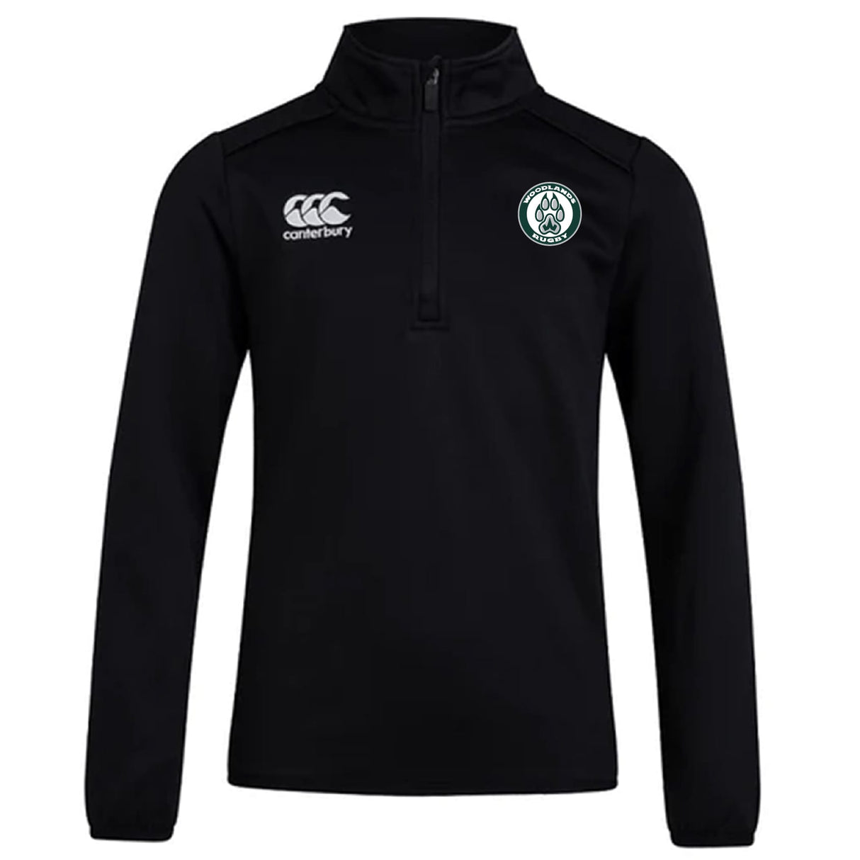 The Woodlands Youth Club 1/4 Zip Mid Layer Training Top by EMB Canterbury is a black, long-sleeve pullover with "Canterbury" and a round wolf logo on the left chest—ideal for rugby training.
